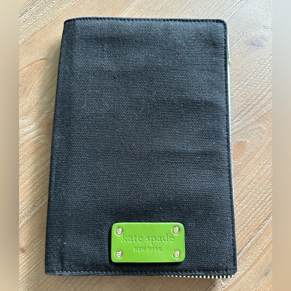 Kate Spade Black Canvas Small Notepad Cover with green Kate Spade tag